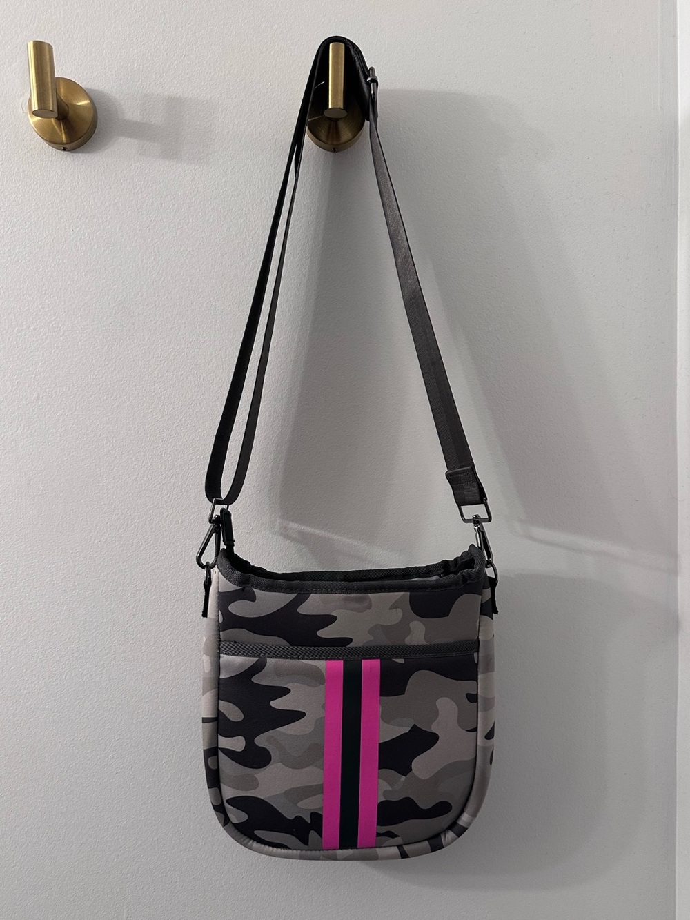 Haute Shore Blake Neoprene Crossbody Bag gray green camo Hot Pink Racing Stripe